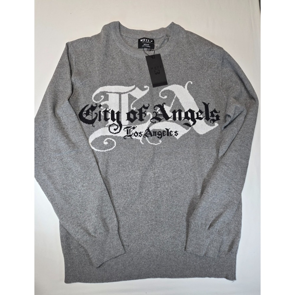 WXYZ Los Angeles City of Angels Sweater Mens Medium Gray Knit Crewneck NWT